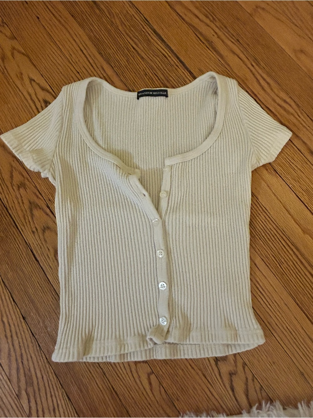Brandy Melville Cream Ribbed Button-Front Short Sleeve Top